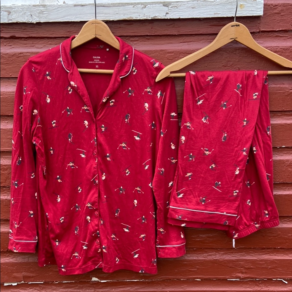 Calida Winter Dreams Cotton 2-Piece Pajama Set Red Skier Print Women's Size XS - Picture 3 of 10